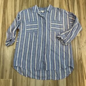 J.JIll Shirt Top Linen Long sleeve Blue White M Stripe Tunic Lagenlook Coastal